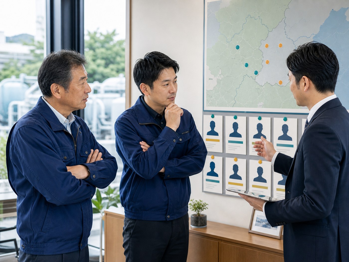 浄化槽会社の候補先選定と事業承継を相談する経営者とアドバイザー
