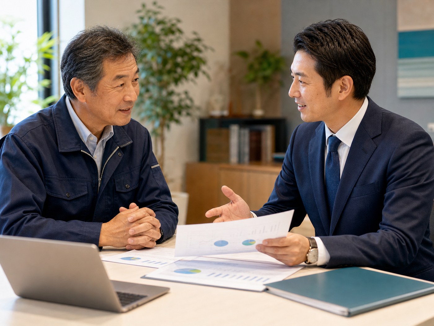 浄化槽会社のM&A無料相談を行う経営者とアドバイザー