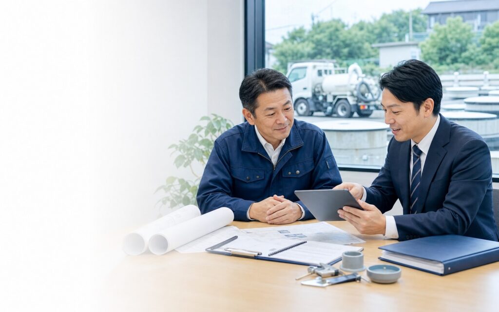 浄化槽会社の事業承継を相談する経営者とM&Aアドバイザー