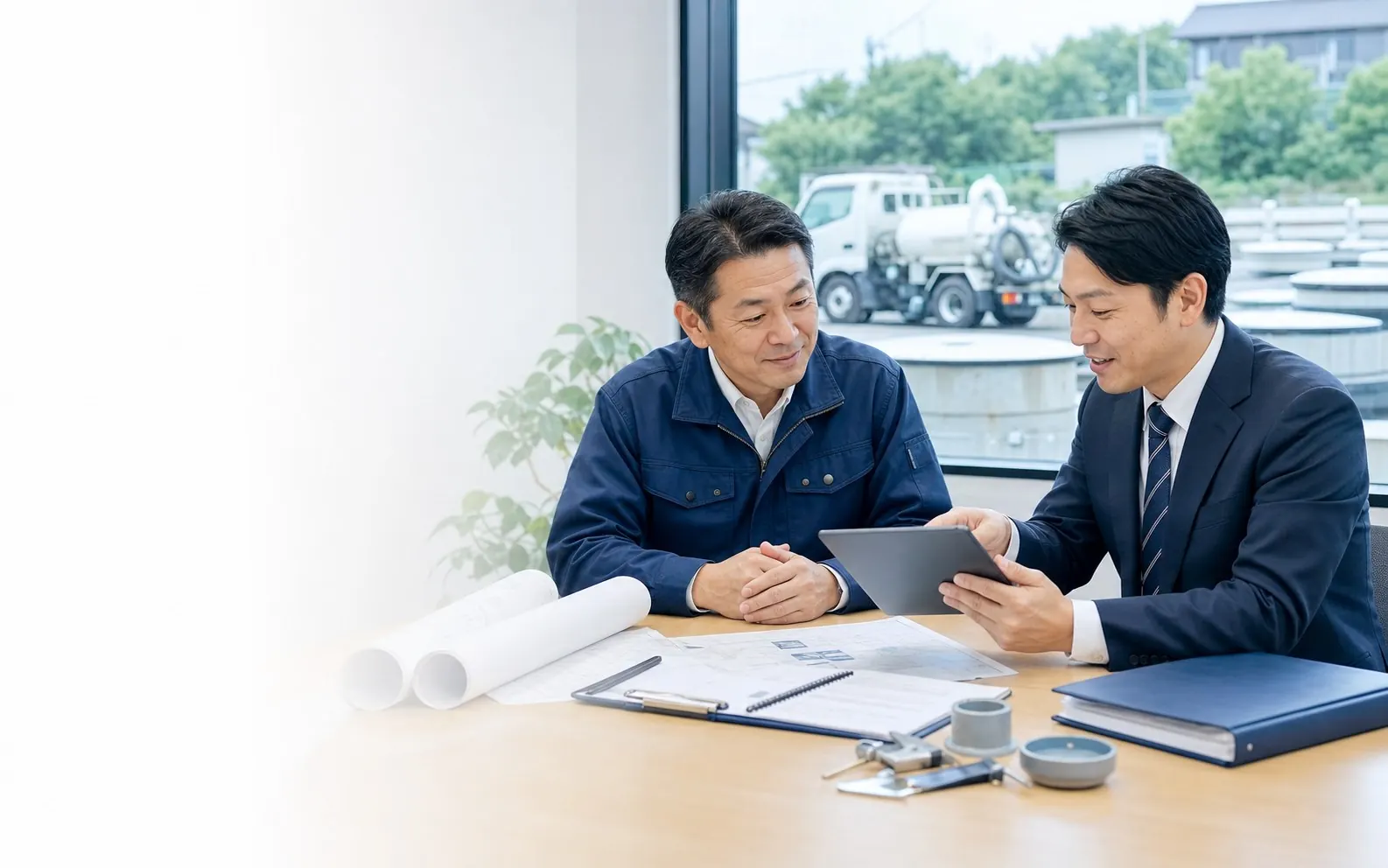 浄化槽会社の事業承継を相談する経営者とM&Aアドバイザー